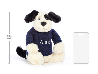 Bashful Black & Cream Puppy with Personalised Navy Jumper