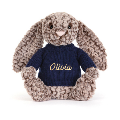 Bashful Luxe Bunny Pine with Personalised Navy Jumper