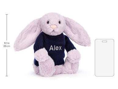 Bashful Lilac Bunny with Personalised Navy Jumper
