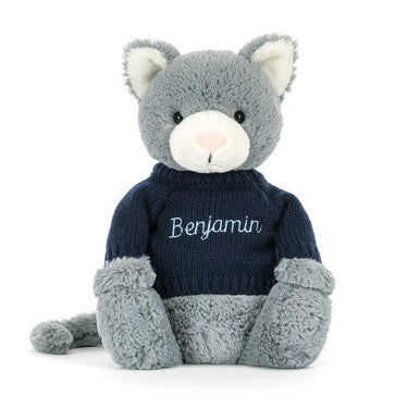 Bashful Kitten with Personalised Navy Jumper