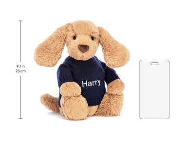 Bashful Toffee Puppy with Personalised Navy Jumper