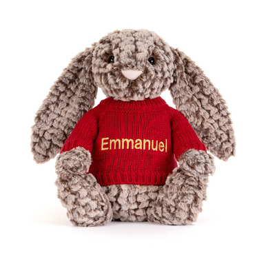 Bashful Luxe Bunny Pine with Personalised Red Jumper